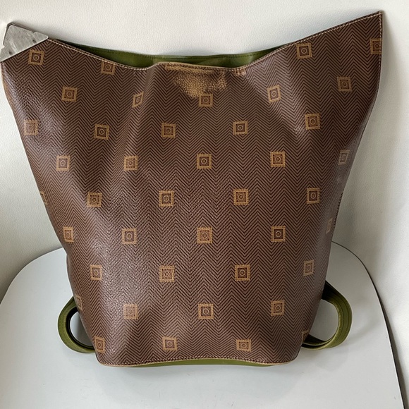 Texier France Leather Retro Avocado Green and Brown Envelope Style Backpack RARE - Picture 10 of 15